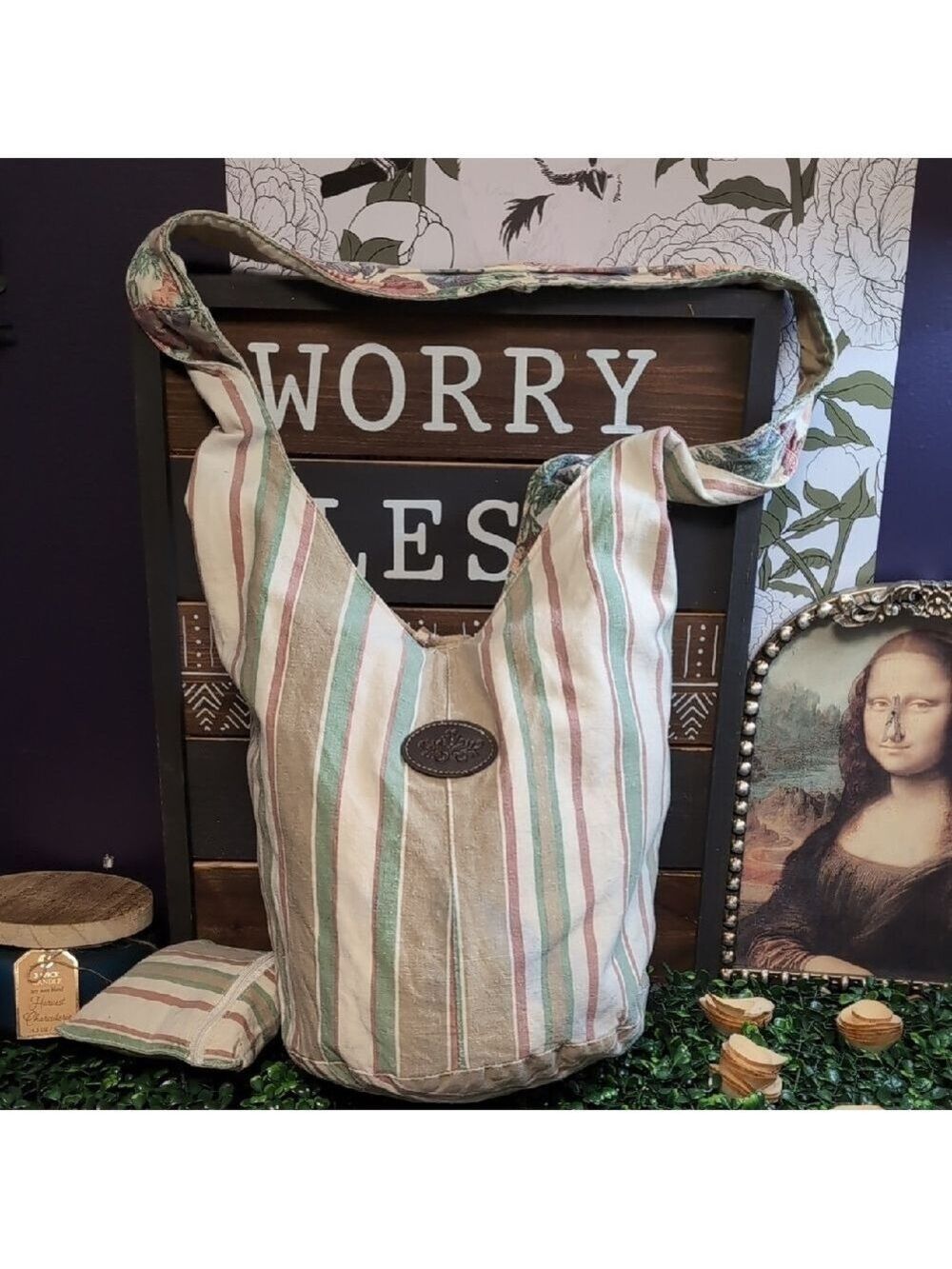 Floral OR Stripe Canvas Hobo Sling Bag - Picture 1 of 8